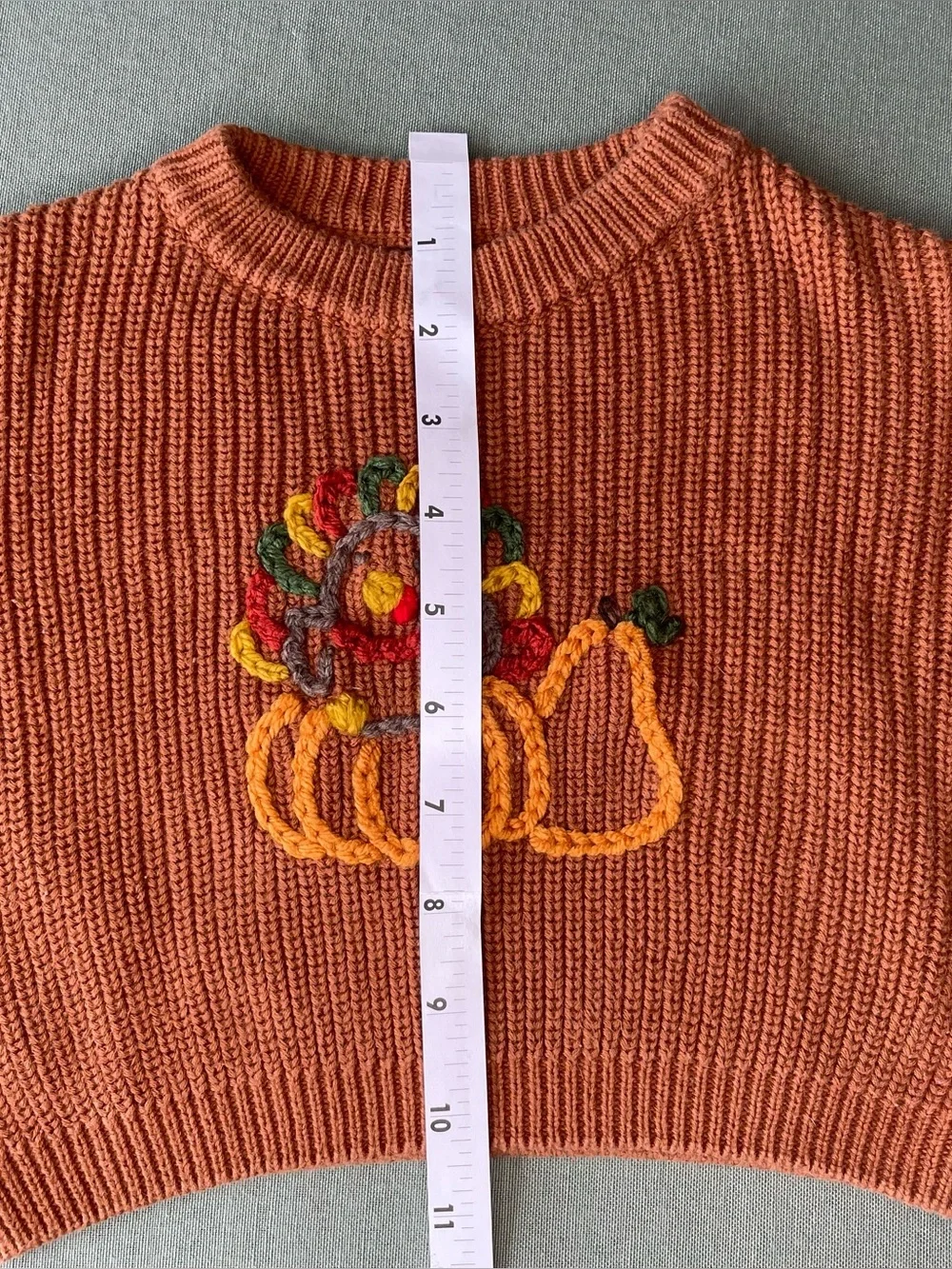 Upcycled Autumn Orange Knit Sweater with Pumpkin Hand Embroidery